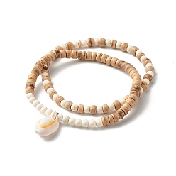 Marron Clair Ensemble de bracelets extensibles synthétiques turquoise (teints) à puissance énergétique pour filles et femmes, bracelet de perles rondelles de noix de coco naturelles avec cauris, bisque, diamètre intérieur: 2~2-1/4 pouce (5.2~5.7 cm), 2 pièces / kit