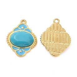 Sky Blue Enamel Pendants, with 304 Stainless Steel Finding and Acrylic Cabochon, Real 18K Gold Plated, Rhombus Charm, Sky Blue, 24.5x18.5x5.5mm, Hole: 1.5mm