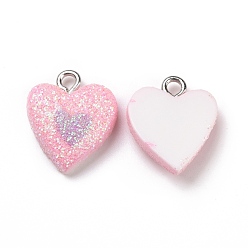 Heart Opaque Resin Pendants, Heart Charm, with Glitter Powder and Platinum Tone Iron Loops, Pink, Heart Pattern, 16.5x14.5x5mm, Hole: 1.8mm