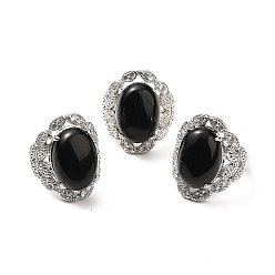 Obsidian Natural Obsidian Adjustable Rings, Platinum Tone Oval Brass Rings for Women, Cadmium Free & Lead Free, US Size 7 3/4(17.9mm), 3.5~5mm