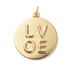 Real 18K Gold Plated Valentine Theme Brass Pendants, Long-Lasting Plated, Flat Round and LOVE, Real 18K Gold Plated, 23x20x2.4mm, Hole: 3.1mm