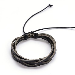 Black Adjustable Twine Style Leather Cord Bracelets, Black, 50x55mm