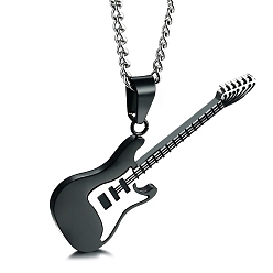 Negro Collares colgante de acero inoxidable, guitarra, negro, 23.62 pulgada (60 cm)