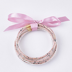 Pink PVC Plastic Buddhist Bangle Sets, Jelly Bangles, with PU Leather Cords Inside and Polyester Ribbon, Pink, 2-1/2 inch(6.3cm), 5pcs/set