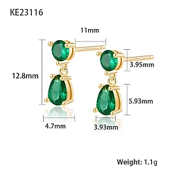 Green Cubic Zirconia Teardrop Dangle Stud Earrings, Golden 925 Sterling Silver Earrings, Green, 12.8x3.93~4.7mm
