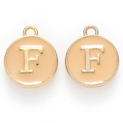 Letter F Golden Plated Alloy Enamel Charms, Cadmium Free & Lead Free, Enamelled Sequins, Flat Round with Letter, Wheat, Letter.F, 14x12x2mm, Hole: 1.5mm