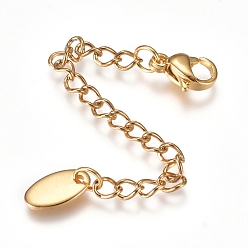 Golden 304 Stainless Steel Chain Extender, with Lobster Claw Clasps and Charms, Oval, Golden, 73mm, Link: 4x3x0.4mm, Clasp: 9.2x6.2x3.3mm