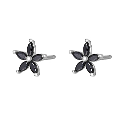 Black Cubic Zirconia Flower Stud Earrings, Silver 925 Sterling Silver Post Earrings, Black, 7.2mm