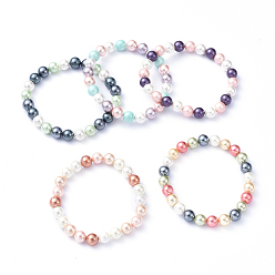 Mixed Color Shell Pearl Beads Stretch Bracelets, Colorful, Mixed Color, Inner Diameter: 2-1/8 inch(5.4cm), Beads: 8mm