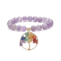 Améthyste Bracelet extensible en améthyste naturelle, yoga chakra mixte pierres précieuses chips arbre de vie bracelet à breloques pour femme, diamètre intérieur: 2 pouce (5.2 cm)