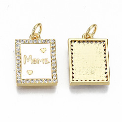 White Real 16K Gold Plated Brass Micro Pave Clear Cubic Zirconia Pendants, with Jump Rings and Enamel, for Mother's Day, Nickel Free, Rectangle with Word Mama, White, 16.5x11.5x2mm, Jump Ring: 5x0.8mm, 3.4mm inner diameter