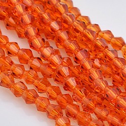 Naranja Rojo Bicone cuentas de vidrio facetados, rojo naranja, 4x4 mm, agujero: 1 mm, sobre 92~96 unidades / cadena, 13.78~14.37 pulgada