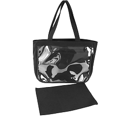 Black Canvas Shoulder Bags, Rectangle Women Handbags, with Zipper Lock & Clear PVC Windows, Black, 31x37x8cm