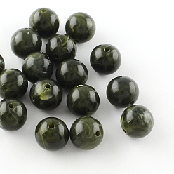 Vert Olive Foncé Pierres gemmes d'imitation acrylique, ronde, vert olive foncé, 10mm, trou: 2 mm, environ 925 pcs / 500 g