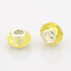 Jaune Champagne Verre à facettes perles européennes, perles de rondelle avec grand trou , avec noyaux en laiton plaqué couleur argent, jaune champagne, 14x9mm, Trou: 5mm