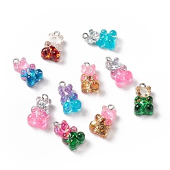 Mixed Color Transparent Resin Glitter Pendants, with Platinum Tone Alloy Loops, Two Tone, Bear, Mixed Color, 20x11x8mm, Hole: 2mm