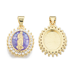 Medium Purple Brass Micro Pave Clear Cubic Zirconia Pendants, with Enamel and Shell, Real 18K Gold Plated, Nickel Free, Oval with Virgin Mary, Medium Purple, 19.5x14.5x4mm, Hole: 3x4mm