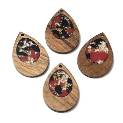 Brown Wood & Resin Pendant, with Gold Foil, Teardrop Charms, Brown, 38x25.5x3mm, Hole: 2mm