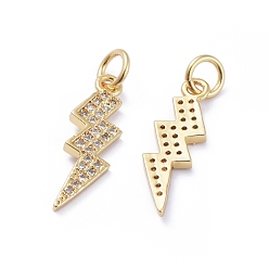 Golden Brass Micro Pave Cubic Zirconia Pendants, with Jump Rings, Long-Lasting Plated, Lightning, Clear, Golden, 20x6x1.5mm, Hole: 3mm