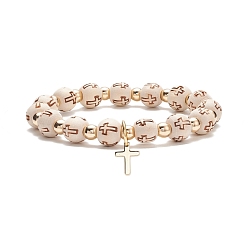 Doré  Bracelet extensible en perles de bois et hématite synthétique avec breloques croix en laiton, bijoux religieux pour femmes, or, diamètre intérieur: 2-3/8 pouce (6 cm)