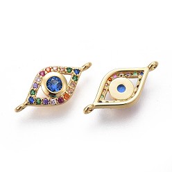 Real 18K Gold Plated Brass Links, with Micro Pave Cubic Zirconia, Long-Lasting Plated, Evil Eye, Colorful, Real 18K Gold Plated, 7x16.5x3mm, Hole: 1mm