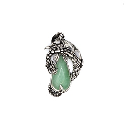 Green Aventurine Natural Green Aventurine Brass Pendants, Flying Dragon Charms with Faceted Teardrop Gems, Antique Silver, 38x22x6mm