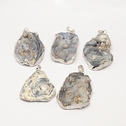 Silver Nuggets Natural Druzy Agate Pendants, with Brass Findings, Silver Color Plated, 40~50x28~35x8~10mm, Hole: 7x5mm