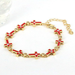 Red Enamel Cross with Evil Eye Link Chains Bracelet with Cubic Zirconia, Gold Plated Brass Jewelry for Women, Red, 9-1/2~10-1/4 inch(24~26cm)