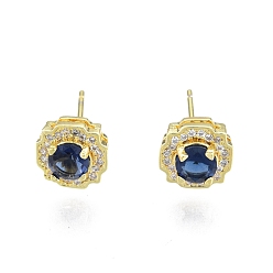 Real 18K Gold Plated Marine Blue Glass Flower Stud Earrings with Cubic Zirconia, Brass Jewelry for Women, Nickel Free, Real 18K Gold Plated, 8x8mm, Pin: 0.6mm