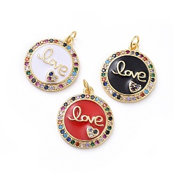 MidnightBlue Brass Micro Pave Cubic Zirconia Pendants, with Enamel, Flat Round with Heart & Word Love, For Valentine's Day, Golden, Mixed Color, 21.5x19x3mm, Hole: 3.5mm