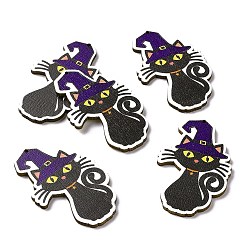 Noir Grands pendentifs en bois de tremble imprimé simple face, breloque chat avec chapeau de sorcière, thème de l'Halloween, noir, 55x34.5x2.5mm, Trou: 1.6mm