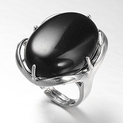 Black Agate Adjustable Oval Brass Natural Black Agate Wide Band Rings, 17mm, Tray: 28x22mm