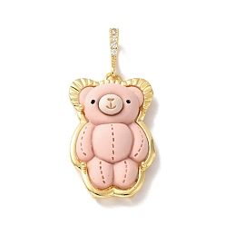 Pink Opaque Resin Pendants, Large Hole Pendant, with Real 18K Gold Plated Brass Findings & Clear Cubic Zirconia, Cadmium Free & Lead Free, Bear, Pink, 31.5x20.5x9.5mm, Hole: 4.5x7mm