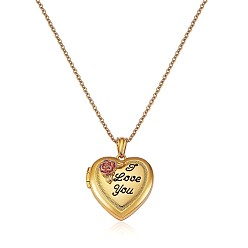Golden Heart with Rose Flower Picture Locket Pendant Necklace, Word I Love You Brass Memorial Jewelry for Women, Golden, 17.72 inch(45cm)