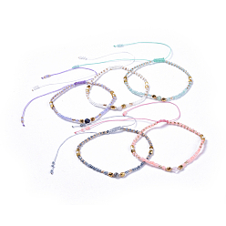 Pierre Mélangete Bracelets de perles tressées en fil de nylon ajustable, avec perles de verre et perles à facettes en pierres naturelles mélangées rondes, 2 pouce (5.2 cm)