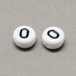 Number Acrylique blanc et noir, rond et plat avec num. 0, 7x4mm, trou: 1.3 mm, environ 3600 pcs / 500 g