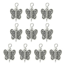 Antique Silver & Platinum Tibetan Style Alloy Connector Charms, Butterfly Links with Brass Loops, Antique Silver & Platinum, 16x10x3.5mm, Hole: 2mm