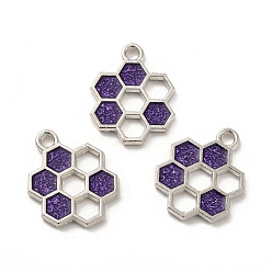 Purple Alloy Enamel Pendants, Honeycomb Charm, Platinum, Purple, 19x15x1.5mm, Hole: 2mm