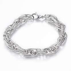 Stainless Steel Color 304 Stainless Steel Rope Chain Bracelets, with Lobster Claw Clasps, Stainless Steel Color, 7-1/2 inchx3/8 inchx1/8 inch(190x8x1.5mm)