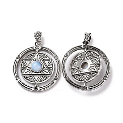 Opalite Opalite Pendants, Flat Round with Hexagram Charms, with Antique Silver Plated Alloy Findings, 42.5x37x8mm, Hole: 5.5x4mm