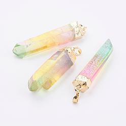 Colorful Electroplate Natural Quartz Crystal Pendants, Point Pendants, with Brass Findings, Faceted, Nuggets, Golden, Colorful, 51~59x8~15mm, Hole: 5x8mm
