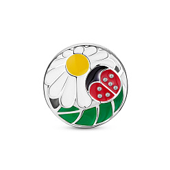 Platinum TINYSAND Rhodium Plated 925 Sterling Silver Enamel Charms, Flat Round with Flower and Ladybug Pattern, Platinum, 12.26x12.26x8.74mm, Hole: 4.78mm