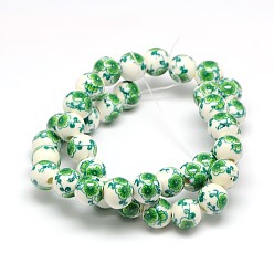 Medium Sea Green Handmade Flower Printed Porcelain Ceramic Beads Strands, Round, Medium Sea Green, 10mm, Hole: 2mm, about 35pcs/strand, 13.5 inch