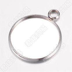 Stainless Steel Color 304 Stainless Steel Pendant Cabochon Settings, Plain Edge Bezel Cups, Flat Round, Stainless Steel Color, Tray: 20mm, 26.5x22x2mm, Hole: 3mm