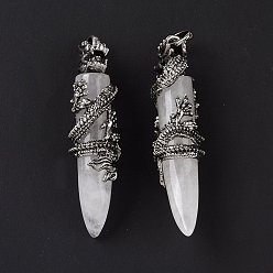 Cristal de cuarzo Colgantes de cristal de cuarzo naturales, con dragón de aleación de tono plateado antiguo, 61~65x20.5~21x16 mm, agujero: 7x6.5 mm