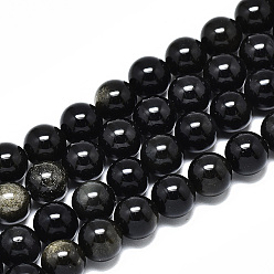 Obsidienne Dorée Perles de brins d'obsidienne à reflets dorés naturels, ronde, 10mm, Trou: 1.2mm, Environ 39 pcs/chapelet, 14.96 pouces ~ 15.75 pouces (38~40 cm)
