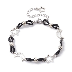 Black Alloy & Silicone Link Chain Bracelets, Star & Moon Bracelet for Women, Black, 7-3/4~7-7/8 inch(19.7~20cm)