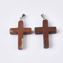 Red Jasper Natural Red Jasper Pendants, with Stainless Steel Peg Bails, Cross, Stainless Steel Color, 29~30x18.5x4.5mm, Hole: 5.5x2mm