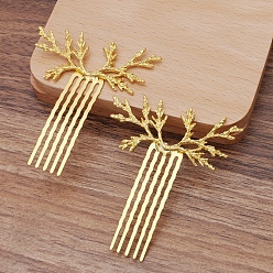 Golden Alloy Hair Comb Findings, with Wired Antler Shaped, Golden, 70x57mm