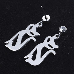 Stainless Steel Color 201 Stainless Steel Dangle Stud Earrings, with Clear Cubic Zirconia, Fox, Stainless Steel Color, 29mm, Pin: 0.8mm